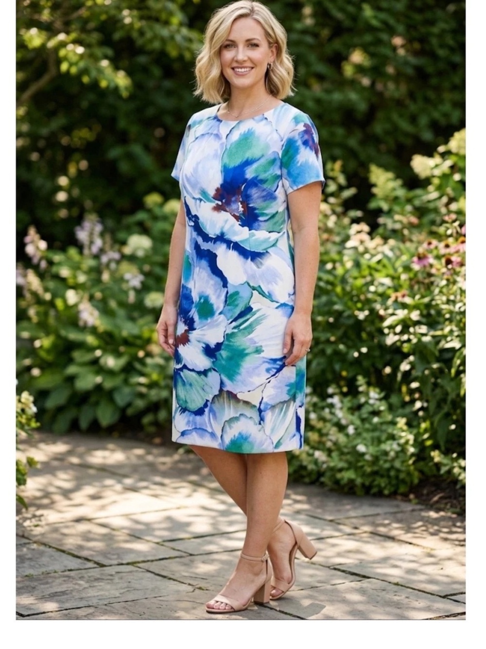 Calvin Klein Woman Floral Blue & Green Watercolor Shift Dress
